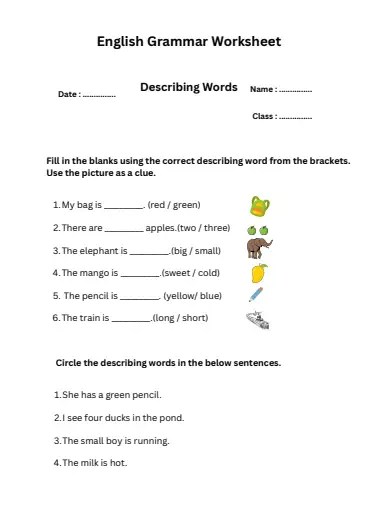 Grade 1 describing words worksheet with circle and fill in the blanks questions