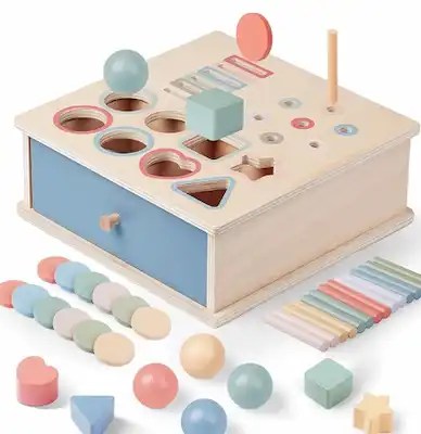 Montessori wooden object permanence box with drawer and color sorting shapes for toddlers ages 2 to 5