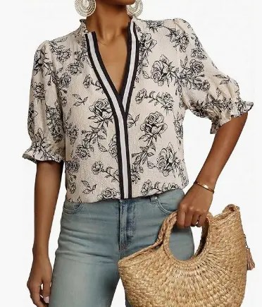 Boho floral blouse with puff short sleeves and V-neck, perfect for casual summer style