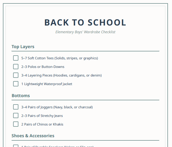 Back to school shopping printable checklist for elementary boy outfit 