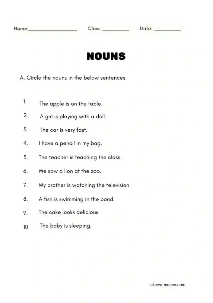 Circle the noun worksheet for grade 1 parts of speech practice