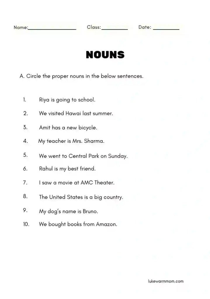 circle the proper noun worksheet for kindergarten and grade 1 with simple sentences printable grammar activity