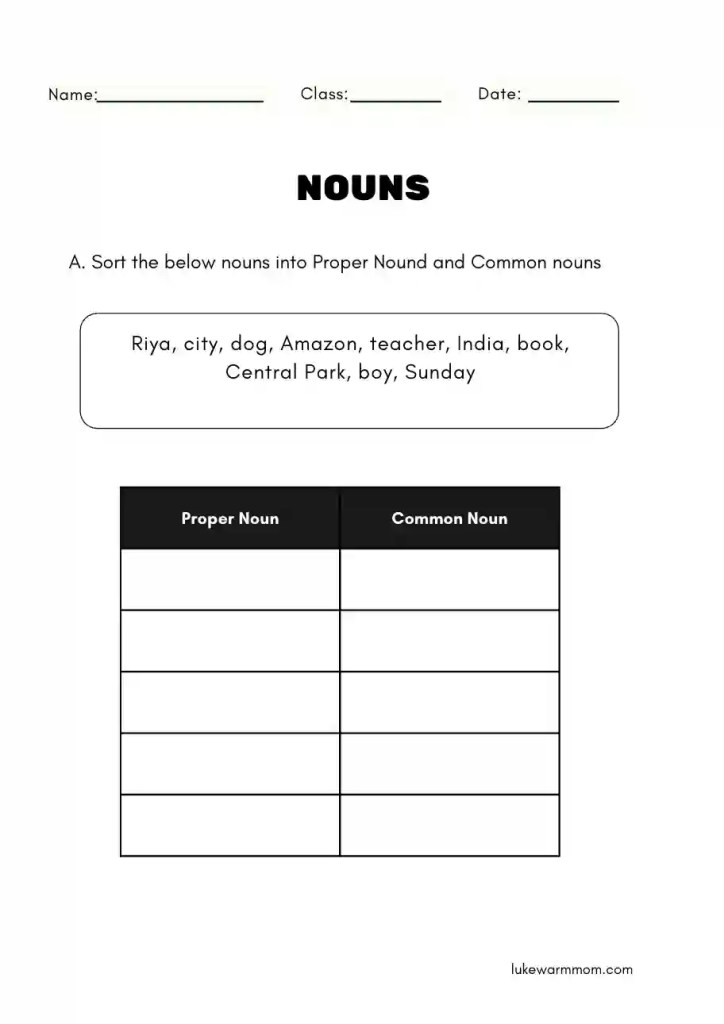 sort common and proper nouns worksheet for kindergarten and grade 1 printable grammar activity for kids