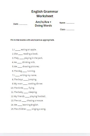 Fill in the Blanks with Am Is Are Worksheet for Grade 1