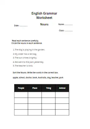 nouns for grade 1 worksheet sorting words into person place thing and animals