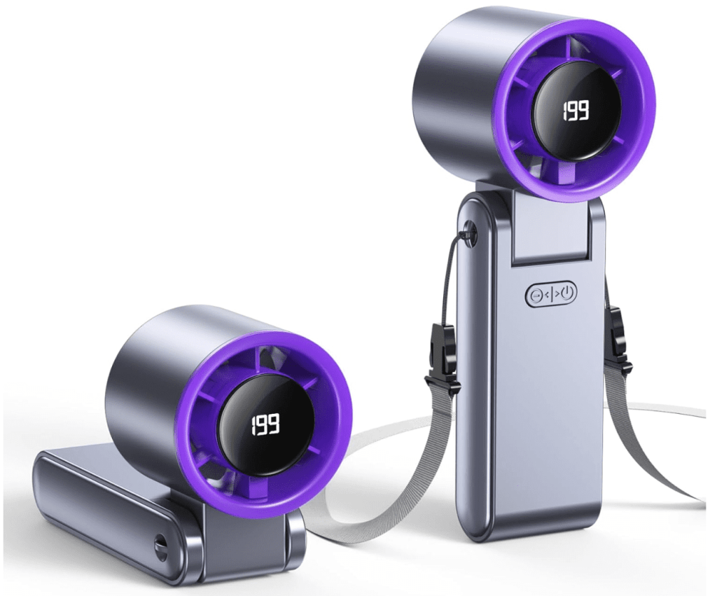 Portable handheld turbo fan for instant cooling relief during hot and humid weather, lightweight design for travel and outdoor use