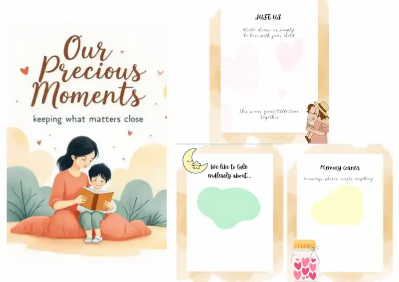 Toddler keepsake journal printable pages showing simple memory prompts and bonding moments between parent and boy child