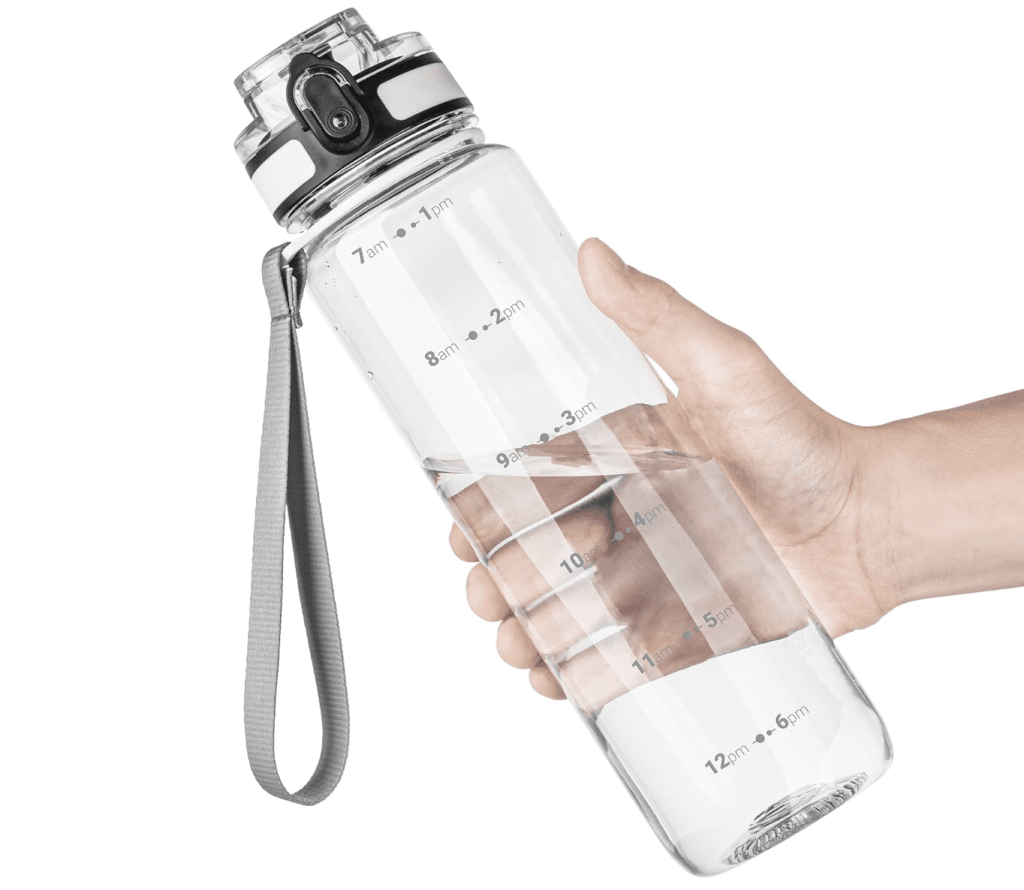 Summer survival kit- water bottle with time markers to track daily hydration and encourage regular water intake throughout the day