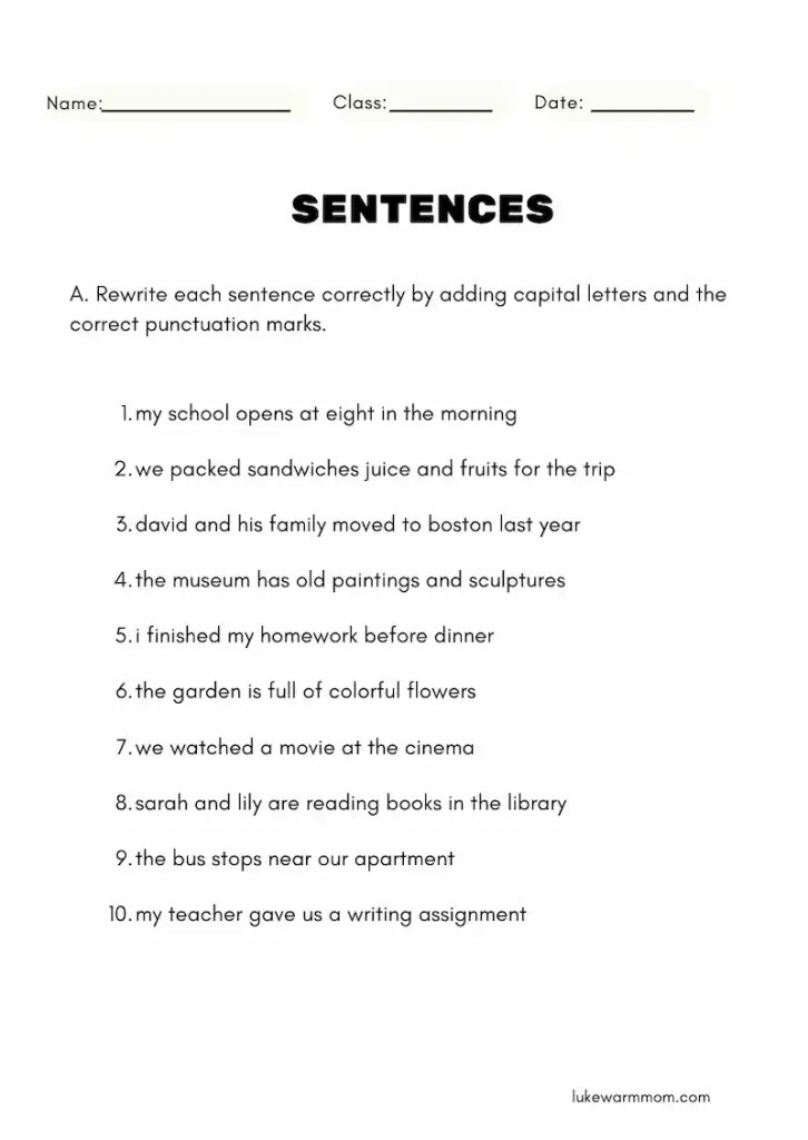 Printable grammar worksheet for kids to practice adding capital letters, commas, and full stops in sentences about shopping, travel, food, and daily life.
