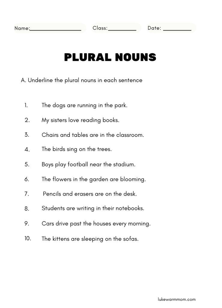Underline the Plural Nouns Worksheet for Grade 2 Students
