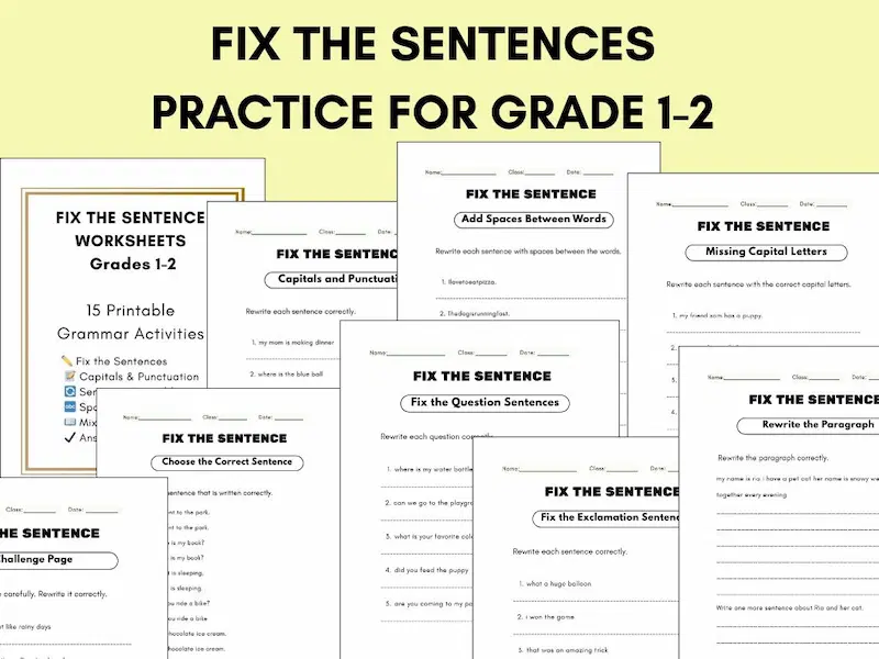 Fix the Sentence worksheets for Grade 1 with capitalization and punctuation practice