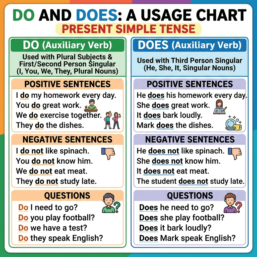 Free Do and Does Subject-Verb Agreement Worksheets for Grade 1