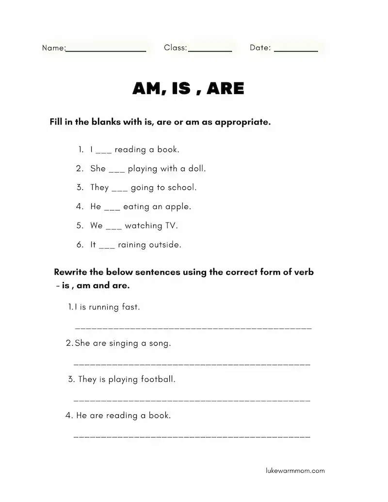 Practicing present continuous sentences using am/is/are + -ing worksheets