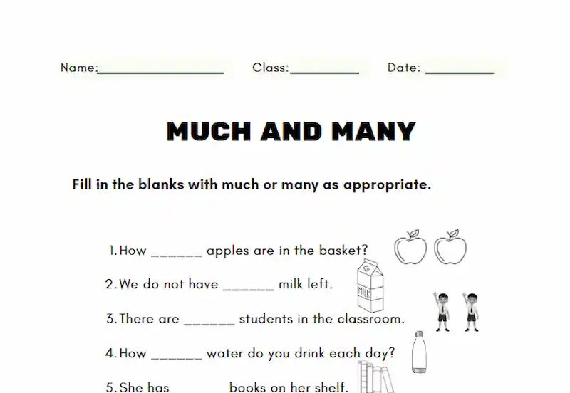 Printable many and much worksheets for kids featuring fill-in-the-blank grammar exercises to practice countable and uncountable nouns.