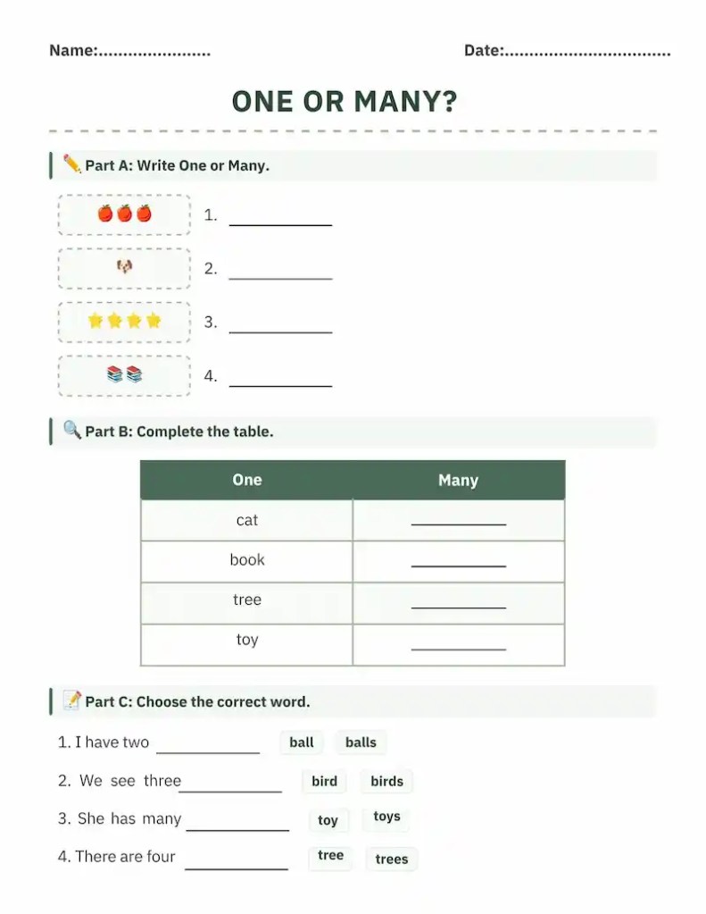 One and Many Worksheets for Grade 1 (Free Printable PDF)