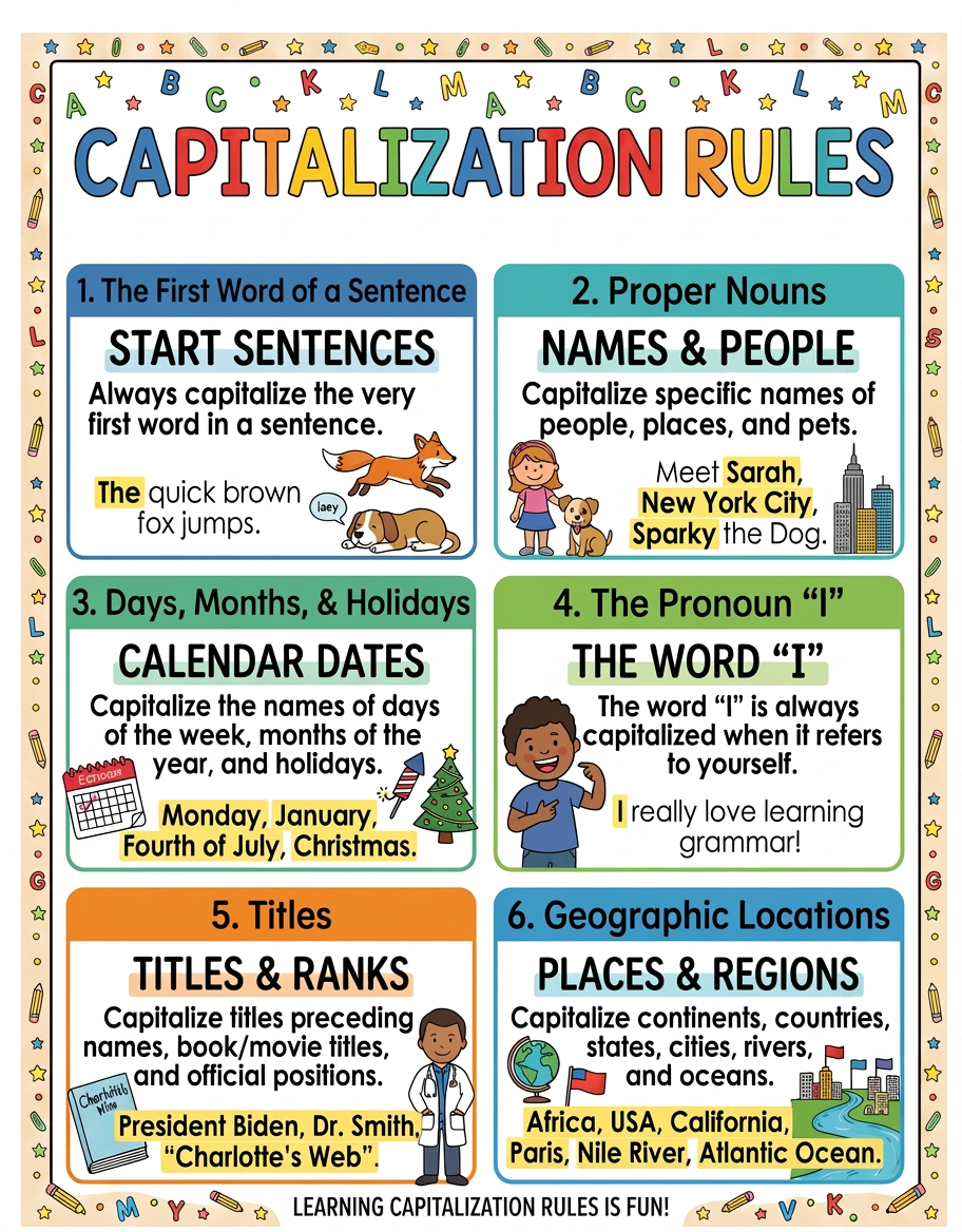 Colorful poster explaining six capitalization rules with examples