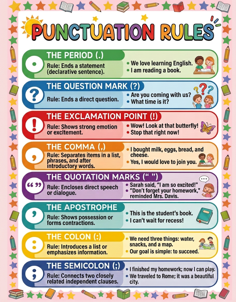 Punctuation Rules poster: period, question mark, exclamation point, comma, quotation marks, apostrophe, colon, and semicolon, with rules and example sentences.