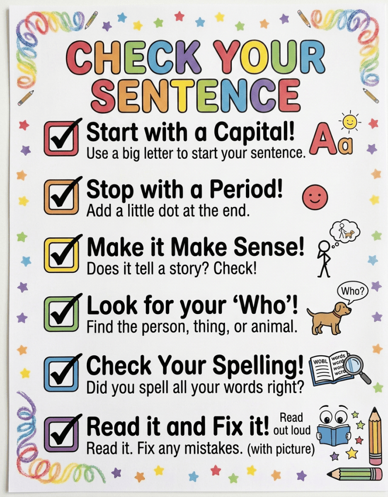 Rules for checking your sentences: 1. Ensure each sentence expresses a complete thought with a subject and a verb. 2. Check for proper capitalization at the beginning of every sentence and for proper nouns. 3. Verify correct punctuation at the end (period, question mark, or exclamation point). 4. Review for subject-verb agreement in number (singular or plural). 5. Look out for and correct run-on sentences and sentence fragments. 6. Use clear, concise language; avoid unnecessary words or jargon. 7. Confirm that verb tenses are consistent throughout your writing. 8. Pay attention to word choice to ensure precision and appropriateness. 9. Proofread carefully for spelling mistakes and typographical errors.