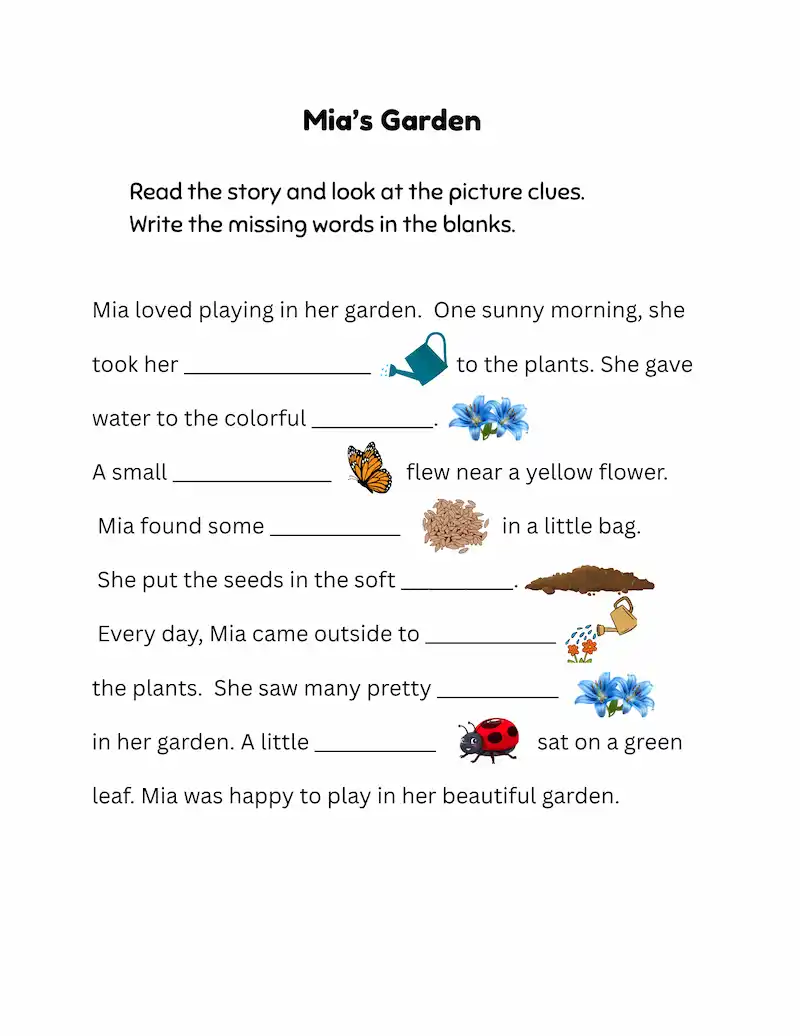 Grade 1 Cloze Reading Worksheets with Picture Clues (Free PDF)
