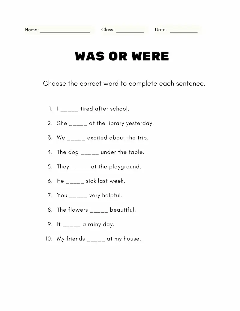 Was and Were Worksheets for Grade 2 and 3
