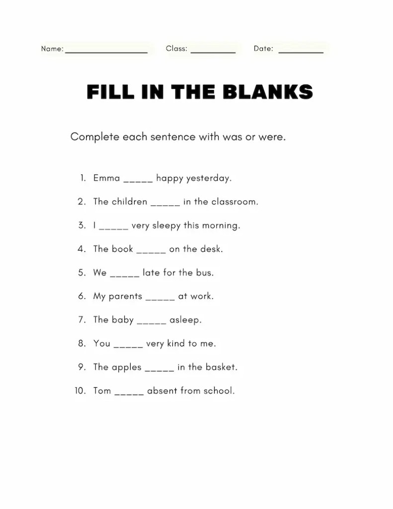 Was and were worksheets for Grade 2 and Grade 3 with grammar exercises