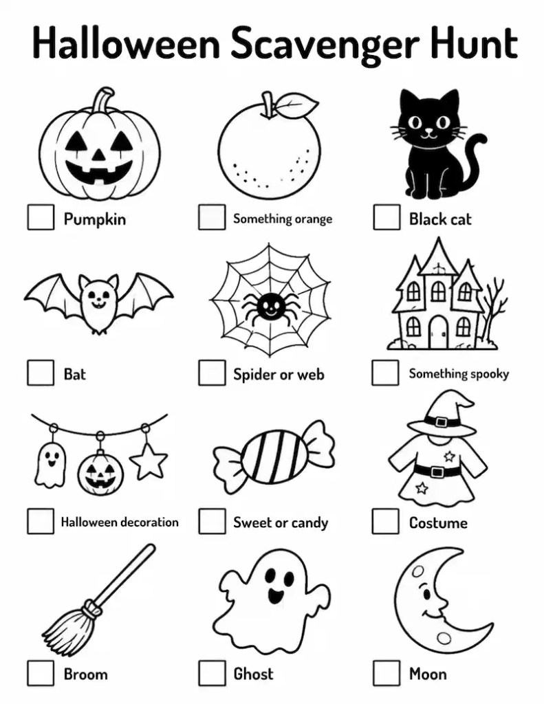 Free Halloween scavenger hunt printable for kids with fun Halloween-themed items to find