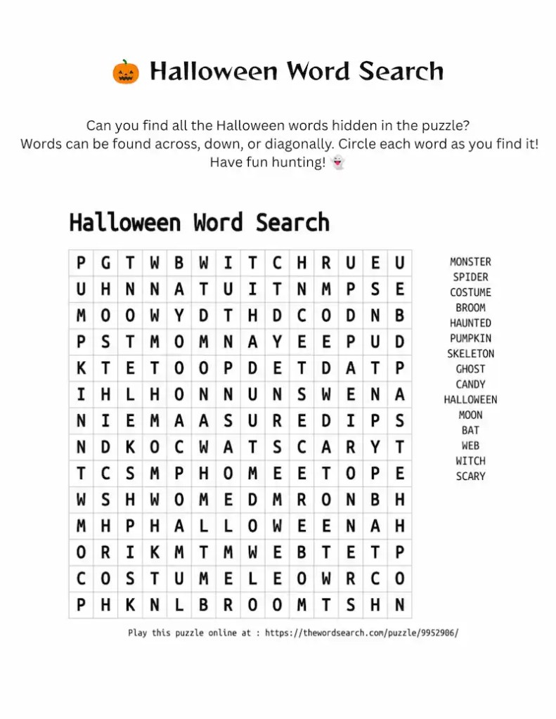 Halloween word search printable for kids with Halloween-themed words and an answer key