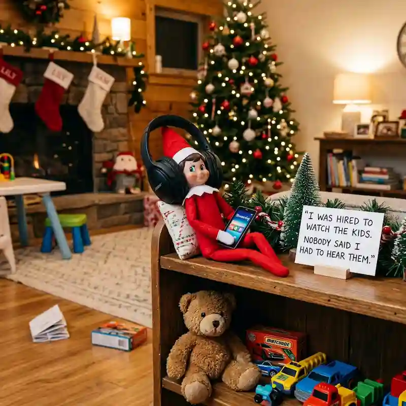 Elf wearing headphones beside sign: “I WAS HIRED TO WATCH THE KIDS. NOBODY SAID I HAD TO HEAR THEM.”