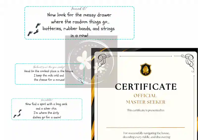 24 printable indoor treasure hunt clue cards for kids and a gold Master Seeker completion certificate.