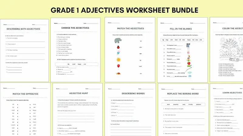 Adjectives Worksheets for Grade 1 & 2: Fun Printable Describing Words Practice